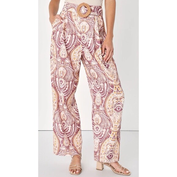 Lulu’s Women’s  Boho Aesthetic Mauve Multi Paisley Print Wide Leg Pants Size L - Picture 1 of 6